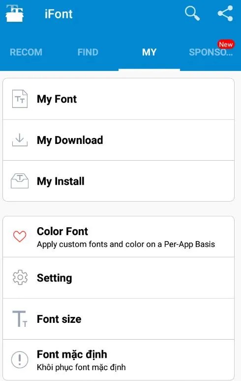 Màn hình "My" trong iFont, trước khi điều chỉnh cài đặt hiển thị Pinyin trên điện thoại Android