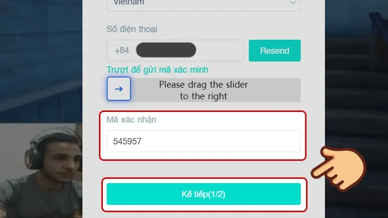 Màn hình nhập mã OTP và kéo thanh trượt xác minh khi đăng ký BIGO LIVE trên máy tính