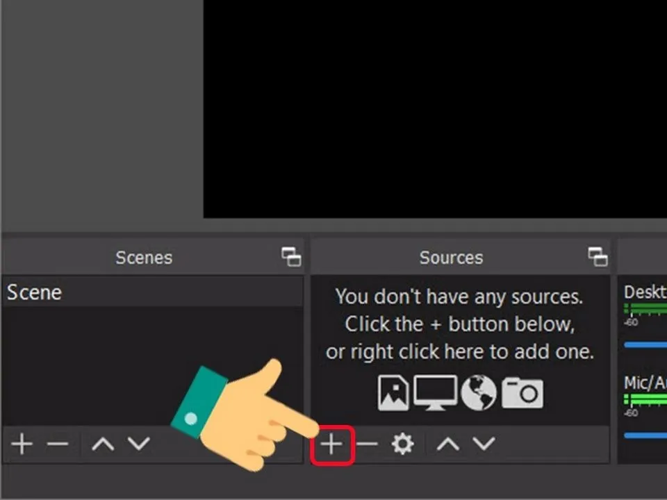 Màn hình OBS Studio với mũi tên chỉ vào nút thêm nguồn (+) trong phần Sources