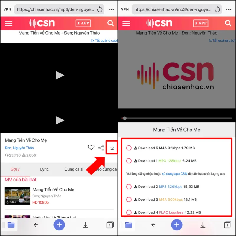 Màn hình tải nhạc trong Documents, hiển thị các tùy chọn chất lượng nhạc để tải về iPhone phục vụ làm video