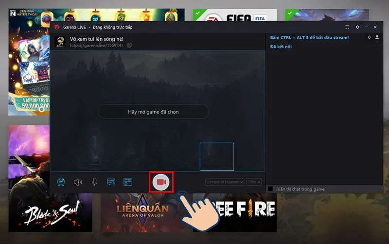 Màn hình thiết lập live stream trên Garena Live, bao gồm lựa chọn game, điều chỉnh thông số và nút bắt đầu