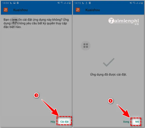 Màn hình thông báo sau khi tải Kwai Trung Quốc thành công, người dùng đang nhấn "mở" và "cài đặt" để hoàn tất cài đặt ứng dụng Kwai