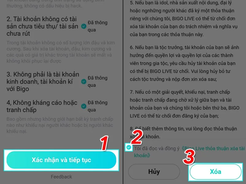 Màn hình thông tin về việc xóa tài khoản Bigo Live, yêu cầu người dùng đọc điều khoản và nhấn "Xác nhận và tiếp tục"
