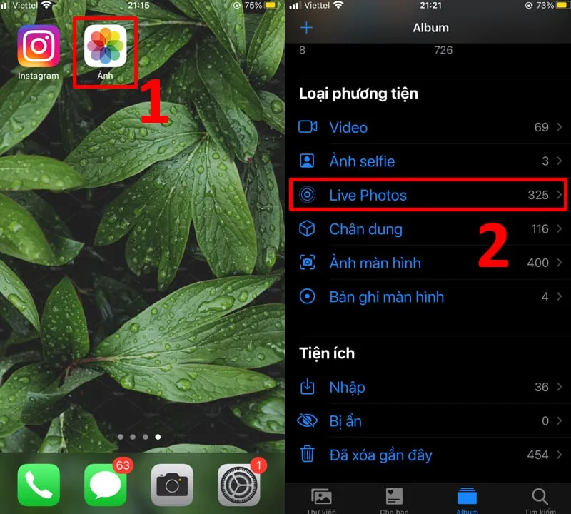 Màn hình thư mục Live Photos trong ứng dụng Ảnh của iPhone