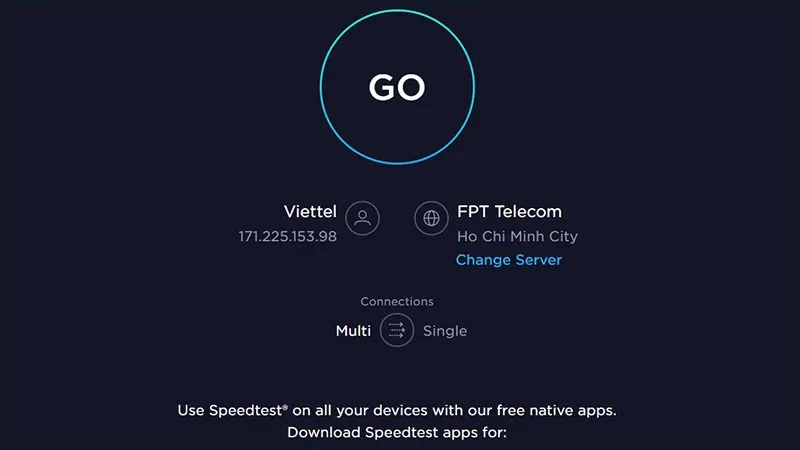 Màn hình trang Speedtest.net với nút Go màu xanh, bắt đầu kiểm tra tốc độ internet để tối ưu live stream không lag