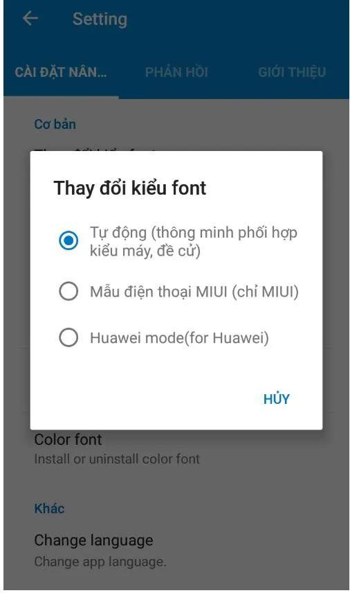 Màn hình tùy chọn kiểu font trên điện thoại Android, nơi người dùng chọn font Pinyin đã tải thông qua ứng dụng iFont