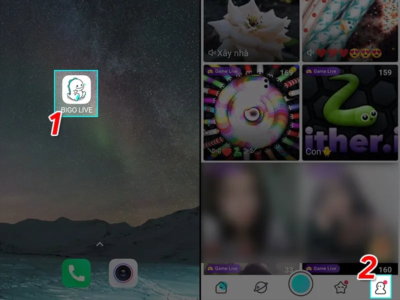Màn hình ứng dụng Bigo Live, nhấn vào biểu tượng hồ sơ cá nhân ở góc dưới bên phải để bắt đầu quá trình xóa tài khoản