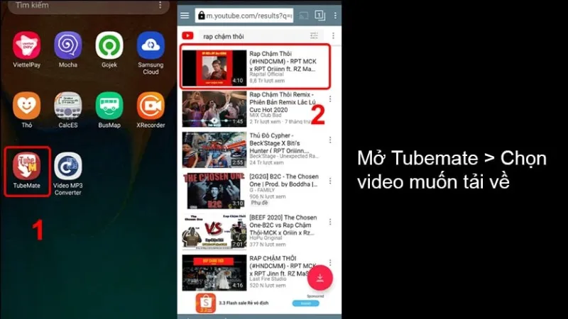 Màn hình ứng dụng Tubemate đang hiển thị một video YouTube đã được tìm thấy. Có một mũi tên màu xanh lá cây chỉ xuống, biểu thị nút tải xuống video YouTube về điện thoại Android.