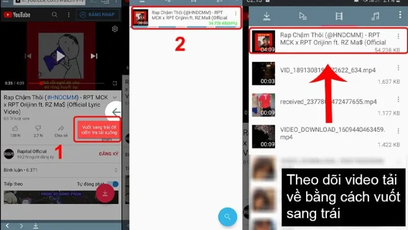 Màn hình ứng dụng Tubemate hiển thị danh sách các video đã được tải xuống. Có biểu tượng vuốt từ phải sang trái để truy cập thư viện video đã lưu.