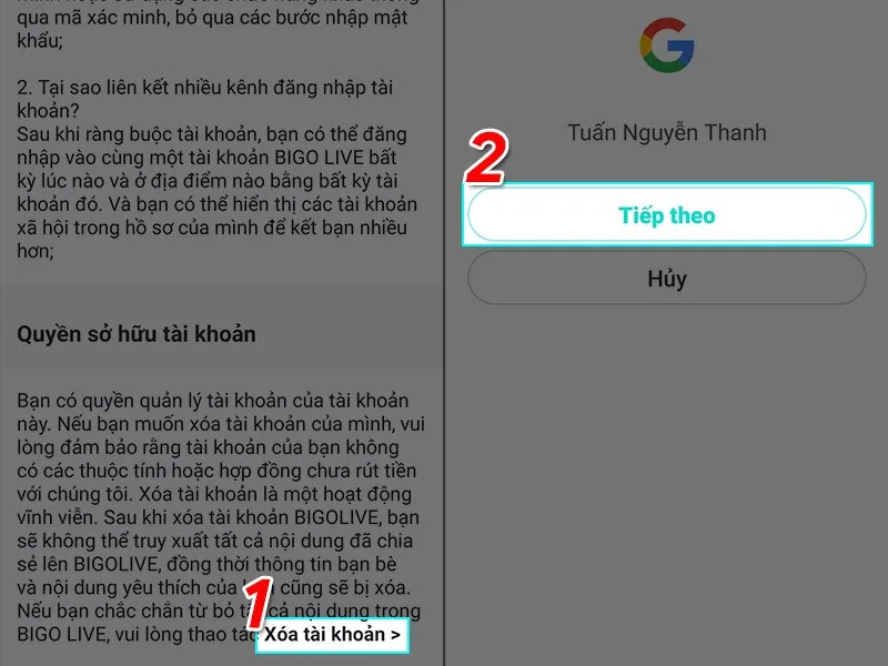Màn hình xác nhận quyền sở hữu tài khoản Bigo Live, hiển thị tùy chọn "Xóa tài khoản" và nút "Tiếp theo"