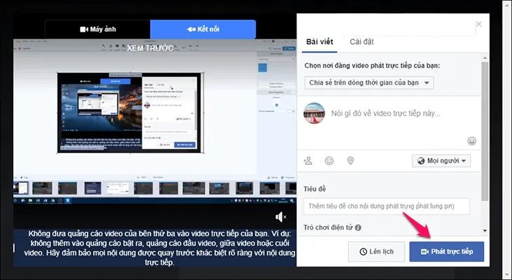 Màn hình xem trước phát trực tiếp trên Facebook, cho phép người dùng đặt tiêu đề, mô tả và nhấn Phát trực tiếp để bắt đầu