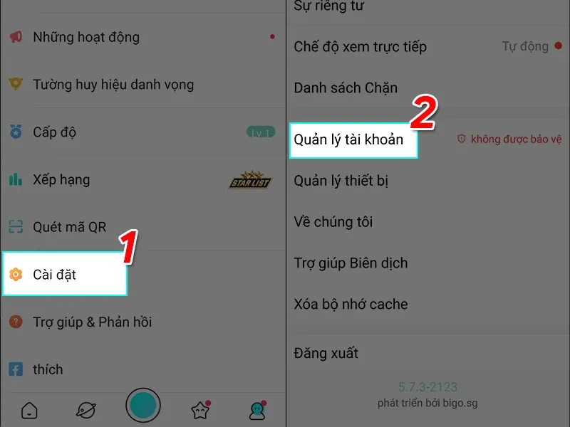 Menu cài đặt trong ứng dụng Bigo Live, với tùy chọn "Quản lý tài khoản" được đánh dấu để tiến hành xóa