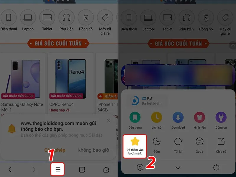 Menu cài đặt UC Browser, hiển thị tùy chọn thêm vào Bookmark hoặc truy cập các tính năng tải video.