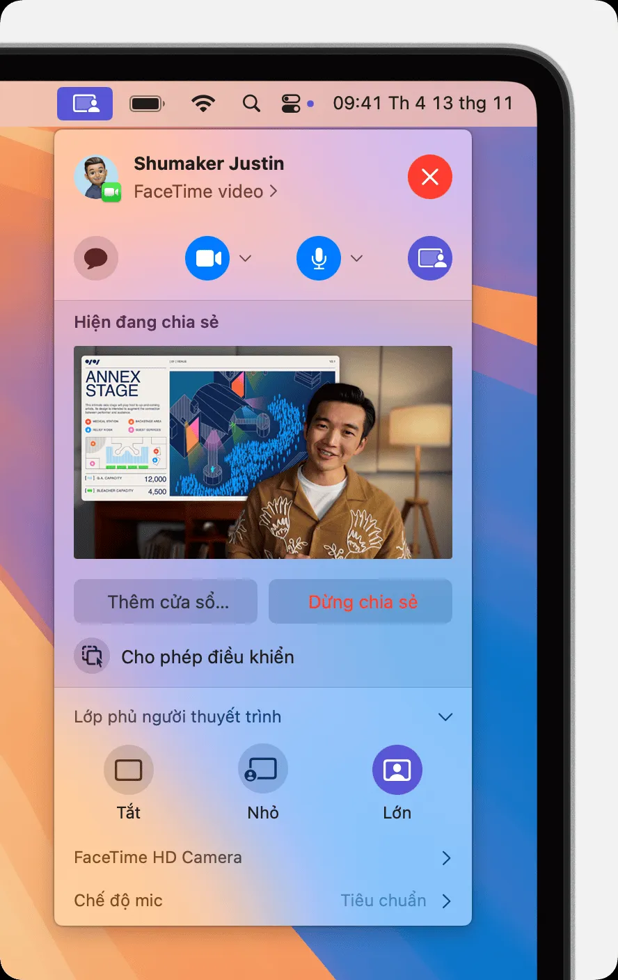 Menu chia sẻ màn hình, hiển thị cửa sổ xem trước và các nút điều khiển cho Lớp phủ người thuyết trình lớn, có thể dùng để chỉ các tùy chọn chia sẻ video đã tải
