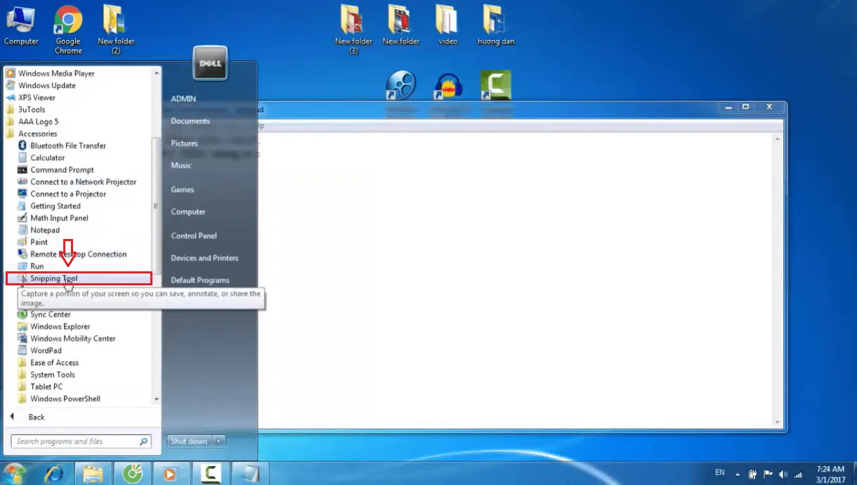 Menu Start của Windows 7 hiển thị ứng dụng Snipping Tool, ví dụ về tìm kiếm phần mềm