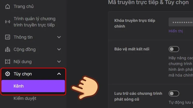 Menu tùy chọn kênh trong Bảng điều khiển người sáng tạo Twitch, nơi quản lý thiết lập phát sóng trực tiếp