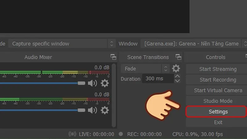 Mở cài đặt (Settings) của OBS Studio để tinh chỉnh live stream Twitch