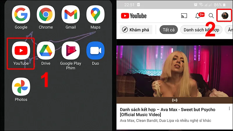 Mở ứng dụng YouTube và nhấn vào Tài khoản để truy cập cài đặt tải video YouTube trên Android