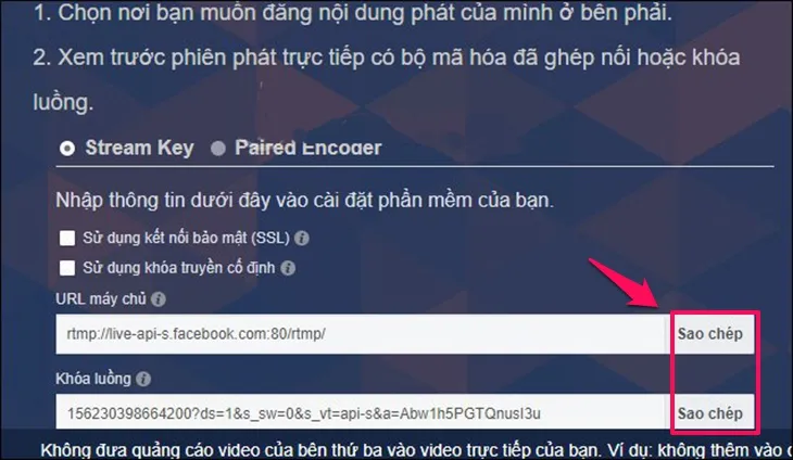 Mục hiển thị URL máy chủ và Khóa luồng trên Facebook Live, cần sao chép các thông tin này để cấu hình OBS Studio