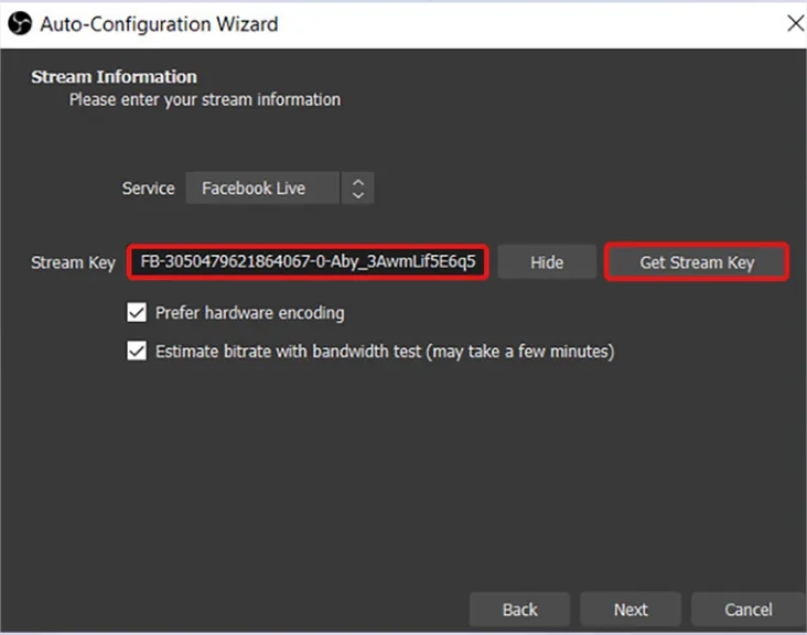 Mục "Stream Key" trong cài đặt OBS Studio, nơi người dùng dán khóa luồng đã lấy từ Facebook để kết nối và live stream PC bằng điện thoại lên nền tảng này.