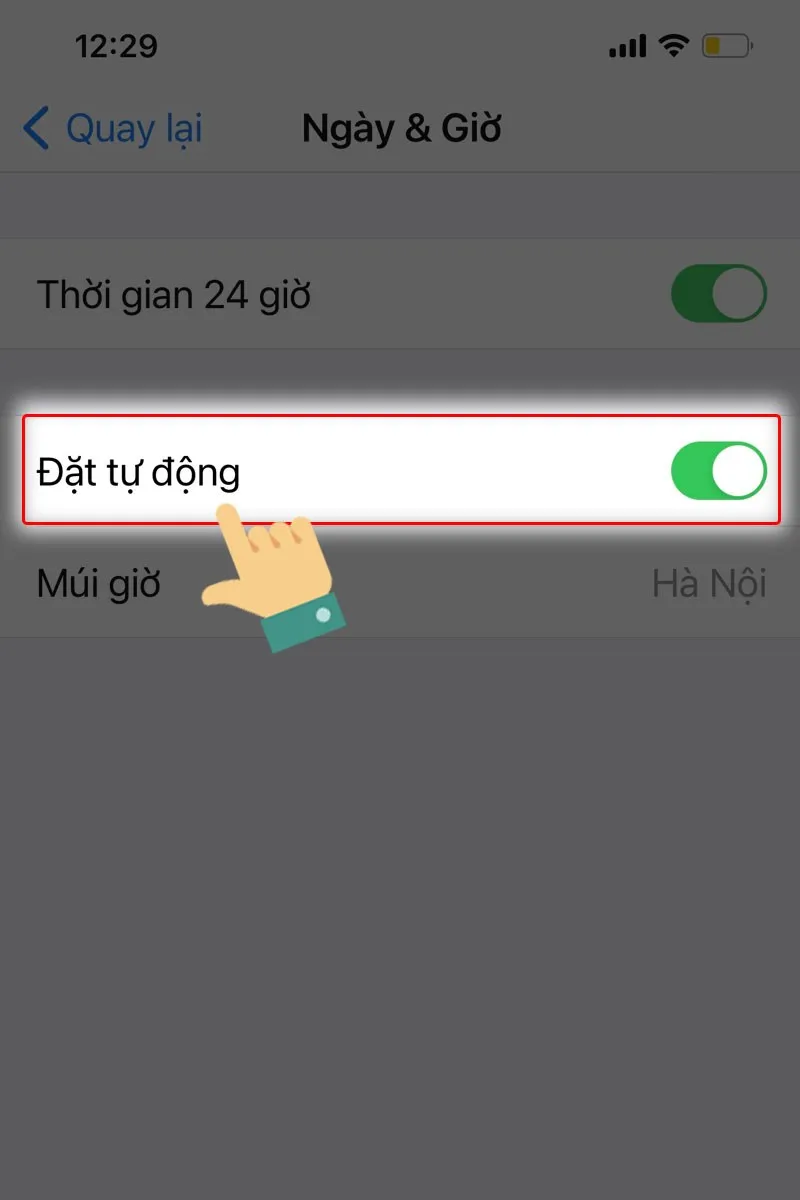 Nhấn Bật đặt tự động thời gian