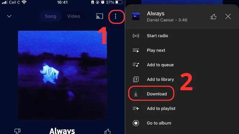 Nhấn biểu tượng ba chấm và chọn Download để tải nhạc trên YouTube Music