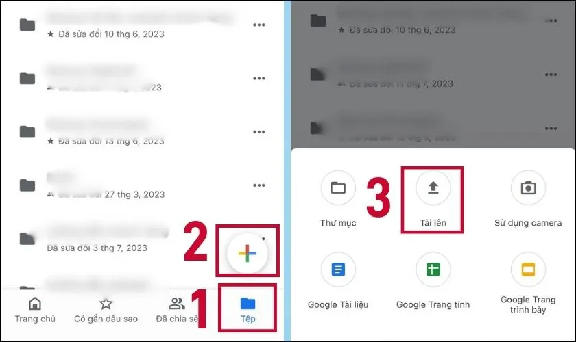 Nhấn dấu + trong Google Drive trên iPhone để tải video lên