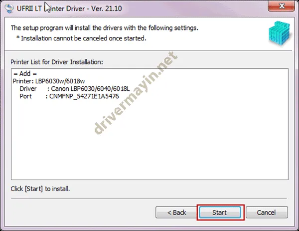 Nhấn Start để bắt đầu cài đặt driver cho máy in Canon 6030W