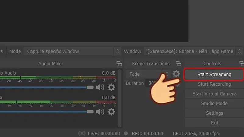 Nhấn Start Streaming trong OBS Studio để bắt đầu phát sóng trực tiếp lên Twitch
