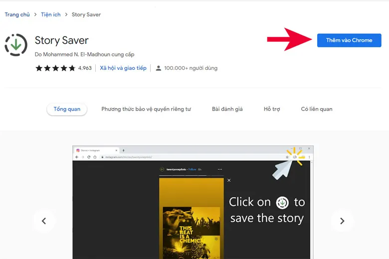 Nhấn "Thêm vào Chrome" để cài đặt tiện ích Story Saver