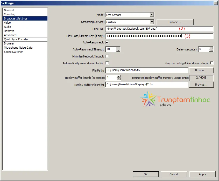 Nhập các tham số kết nối phát trực tiếp Facebook trên PC vào OBS Studio