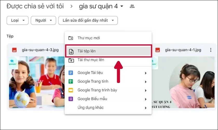 Nhấp chuột phải và chọn Tải tệp lên để thực hiện cách tải video lên Google bằng máy tính vào Drive được chia sẻ