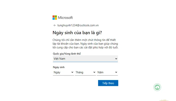 Nhập thông tin ngày sinh và quốc gia để hoàn thành hồ sơ tài khoản Outlook