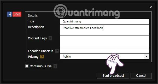 Nhập tiêu đề và mô tả cho buổi livestream trên Facebook bằng XSplit