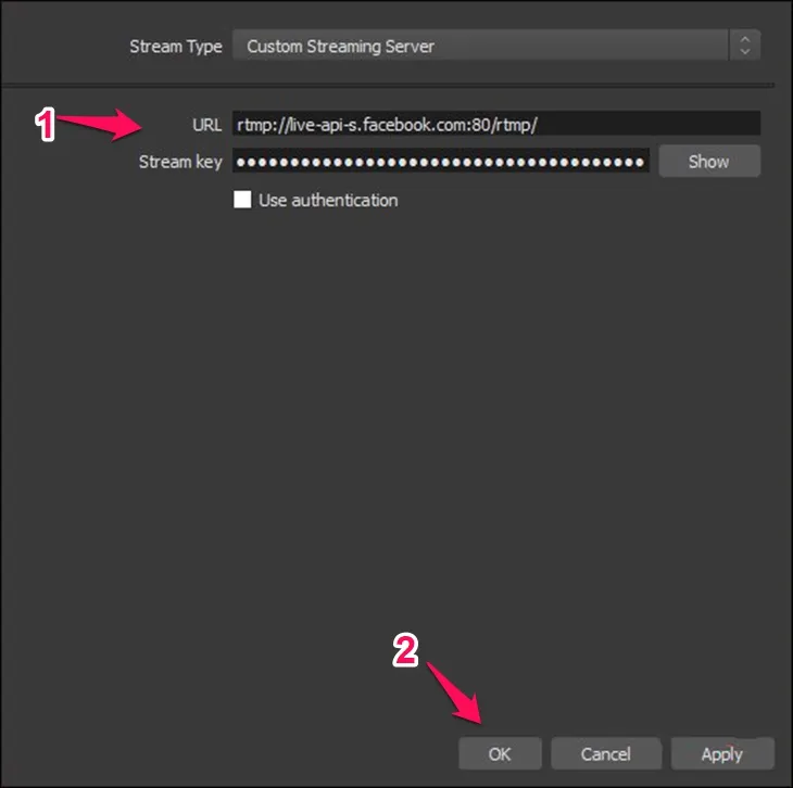 Nhập URL máy chủ và Khóa luồng đã sao chép từ Facebook vào cài đặt Stream của OBS Studio để thiết lập kết nối