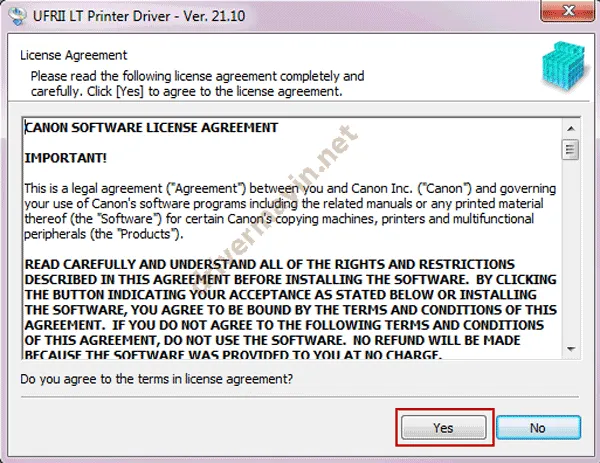 Nhấp Yes để bắt đầu cài đặt driver máy in Canon 6030W qua Wi-Fi