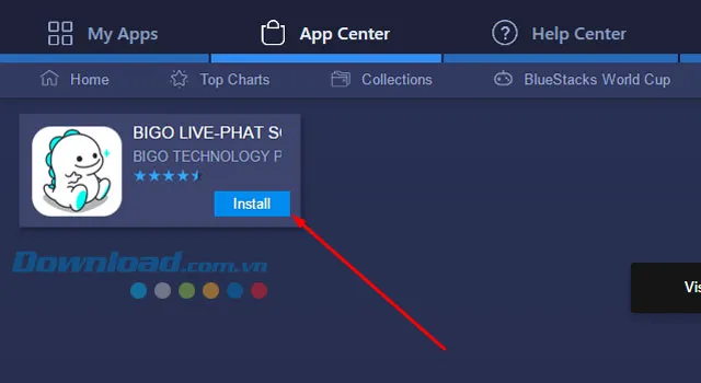 Nút "Install" để bắt đầu cài đặt ứng dụng Bigo Live từ App Center trong giả lập