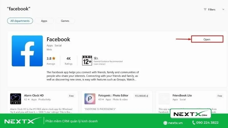 Nút mở ứng dụng sau khi cài đặt thành công, phục vụ cho việc tải video trên Facebook về máy tính.