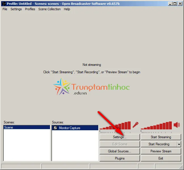 Nút Setting trong OBS Studio để cài đặt tham số kết nối livestream Facebook