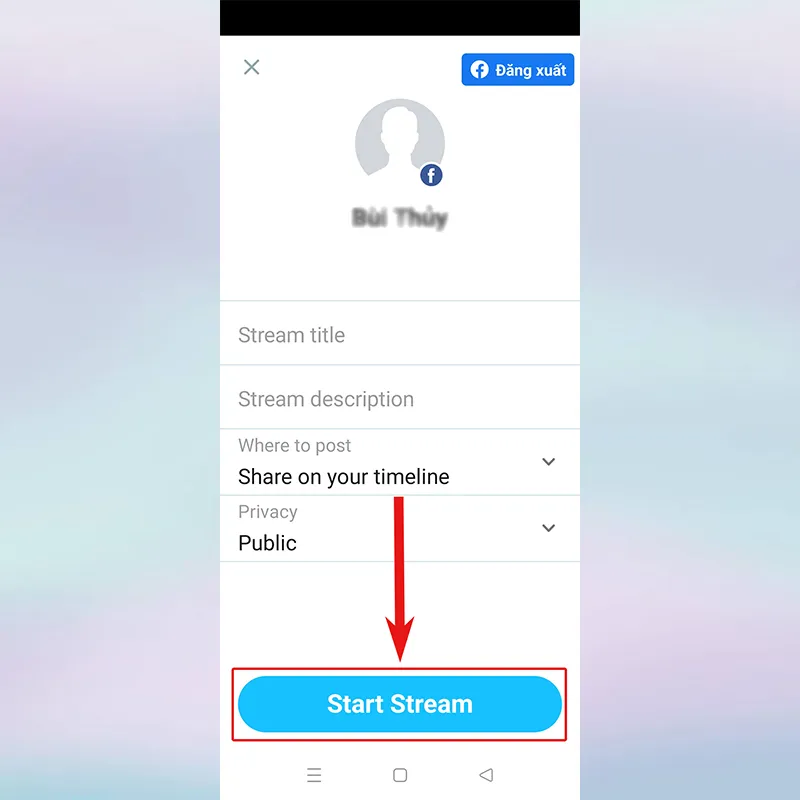 Nút "Start Stream" trong ManyCam, đánh dấu việc bắt đầu live stream chất lượng cao trên điện thoại đến Facebook.