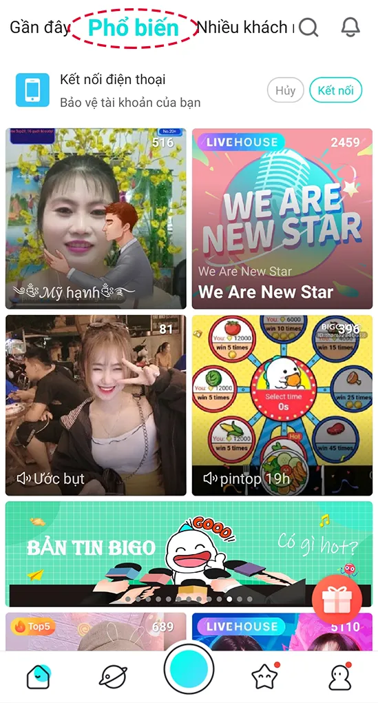 Phần "Phổ biến" trong Bigo Live, nơi hiển thị các buổi livestream được nhiều người theo dõi nhất