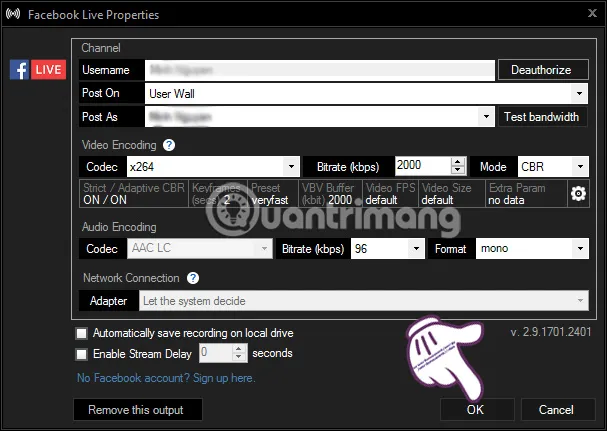 Quay lại giao diện XSplit Broadcaster sau khi cấp quyền Facebook để hoàn tất thiết lập phát trực tiếp