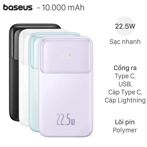 Sạc dự phòng Baseus Comet PPMD10 10000mAh Type C PD 22.5W kèm cáp Lightning và Type C