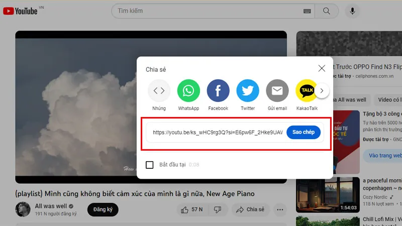 Sao chép đường dẫn video YouTube trên máy tính