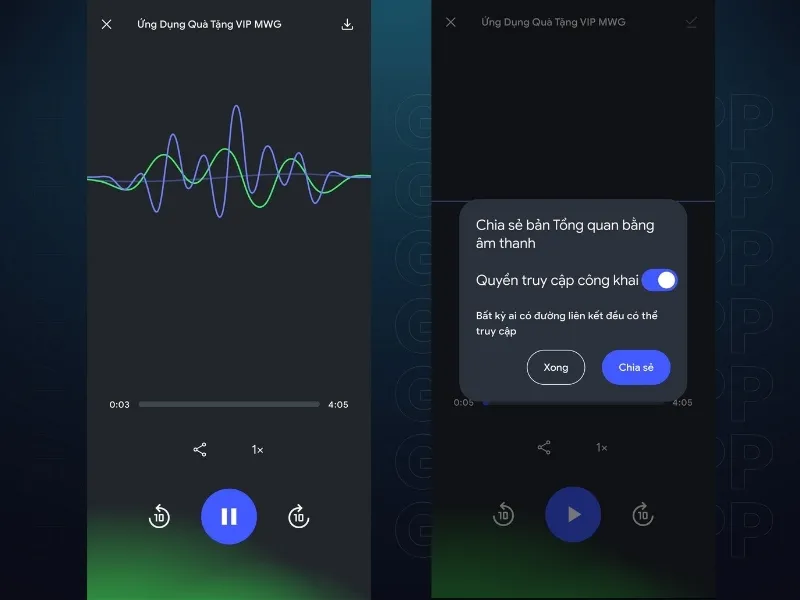 Sau khi đã tạo xong thì bạn có thể nghe lại như 1 Podcasts và chia sẻ cho mọi người thông qua đường link