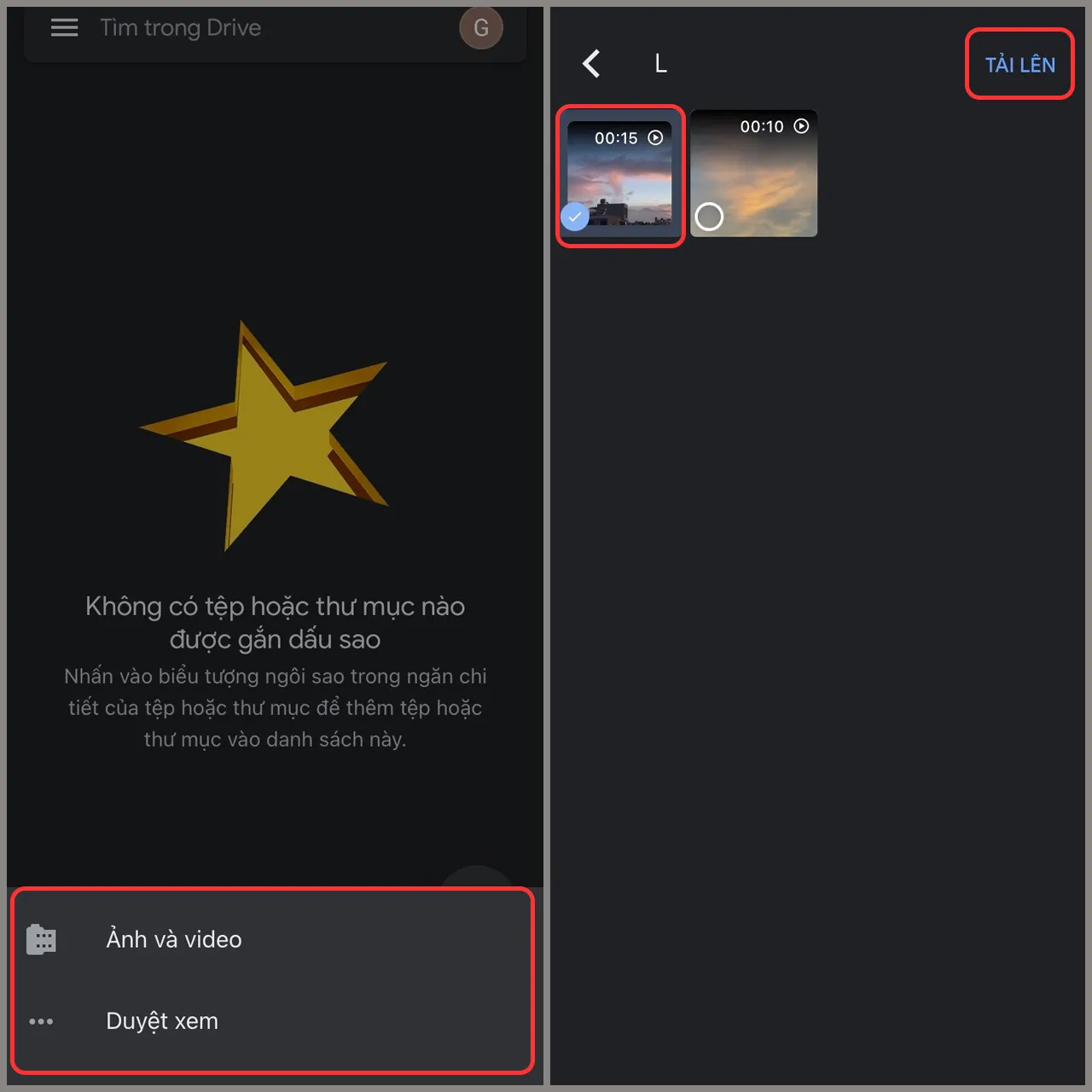 Tải lên file video từ thư viện ảnh hoặc trình duyệt tệp trên điện thoại vào Google Drive