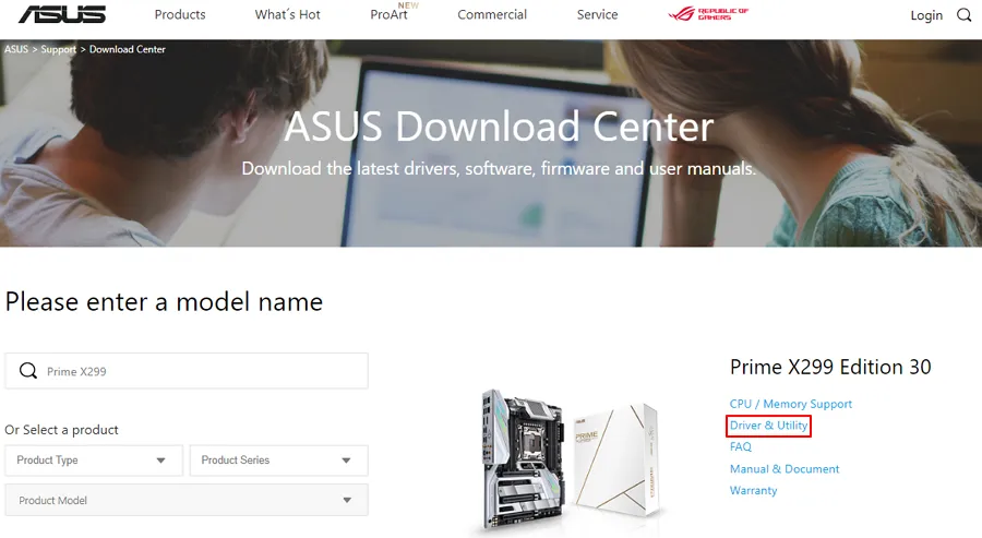 Thanh điều hướng trang hỗ trợ ASUS, với các tùy chọn cho driver và tiện ích, nơi người dùng có thể tìm công cụ giúp tối ưu hóa quá trình tải video