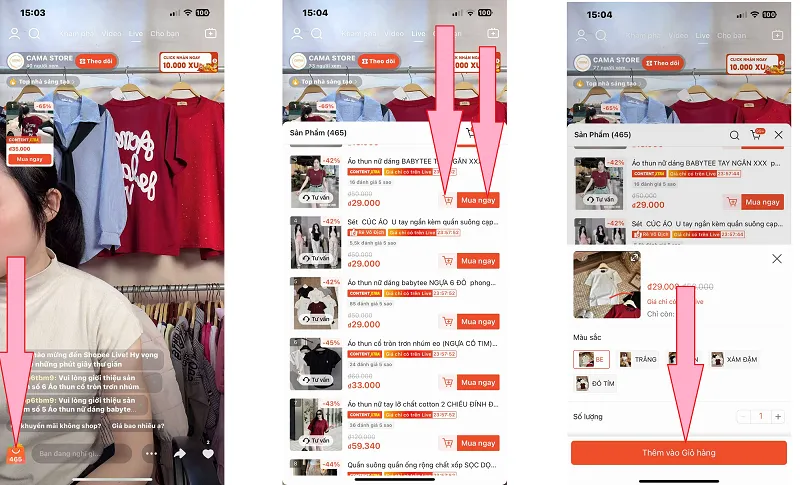 Thao tác thêm sản phẩm vào giỏ hàng hoặc mua ngay khi xem livestream Shopee, một phần quan trọng của cách mua hàng trên Shopee Live