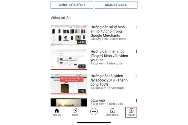 Thẻ thư viện trong ứng dụng YouTube trên điện thoại, nơi bạn sẽ quản lý các video đã tải xuống theo cách tải video từ youtube trackid sp-006
