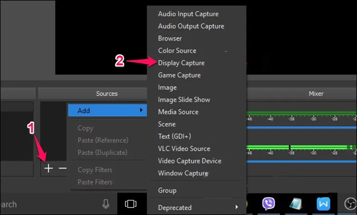 Thêm nguồn Display Capture trong OBS Studio để quay màn hình khi tải live stream Facebook